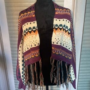 Boho Open Front Multicolor Fringe Hem Sweater Cardigan. Size‎ S.